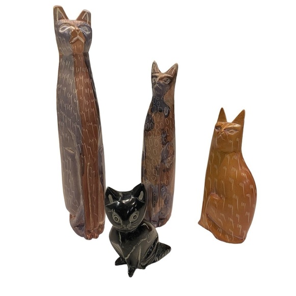 Hand Carved Cat Figurines Soapstone Sculptures. Lot of 4 - Picture 1 of 14